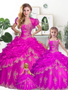 Fuchsia Ball Gowns Sweetheart Short Sleeves Tulle Floor Length Lace Up Appliques and Embroidery and Pick Ups Wedding Gow