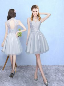 Cute Silver Sleeveless Lace Knee Length Bridesmaid Dress