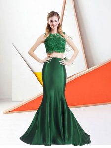 Hot Sale Dark Green Sleeveless Floor Length Lace Zipper Prom Evening Gown