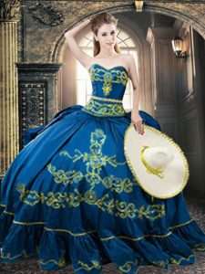 Trendy Blue Taffeta Lace Up Sweetheart Sleeveless Floor Length Sweet 16 Dress Embroidery