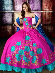 Noble Satin Sleeveless Floor Length 15th Birthday Dress and Embroidery