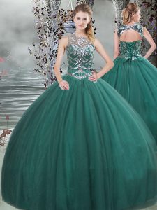 Luxury Sleeveless Floor Length Beading Lace Up Quinceanera Dresses with Dark Green