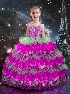 Customized Sleeveless Lace Up Floor Length Beading and Ruffled Layers Little Girls Pageant Gowns