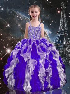 High End Sleeveless Floor Length Beading and Ruffles Lace Up Little Girl Pageant Gowns with Purple