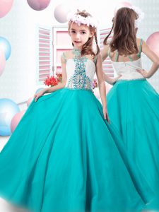 Perfect Floor Length Zipper Pageant Gowns For Girls Turquoise for Quinceanera and Wedding Party with Beading
