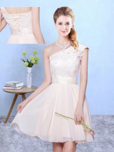 Champagne Empire Chiffon One Shoulder Cap Sleeves Appliques Knee Length Lace Up Wedding Party Dress