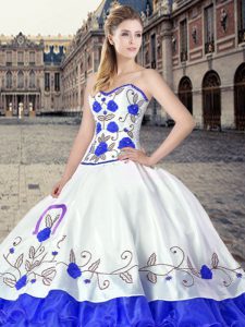Fitting Blue And White Lace Up Sweetheart Embroidery and Ruffles Quince Ball Gowns Organza Sleeveless