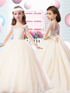 Glorious Champagne Ball Gowns Scoop Long Sleeves Tulle Brush Train Clasp Handle Beading and Bowknot Kids Formal Wear