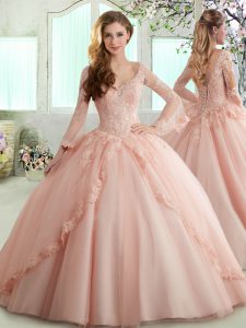 Discount Half Sleeves Floor Length Lace and Appliques Lace Up Quinceanera Gowns with Peach