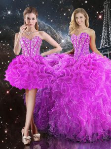 Fantastic Fuchsia Sleeveless Floor Length Beading and Ruffles Lace Up Ball Gown Prom Dress
