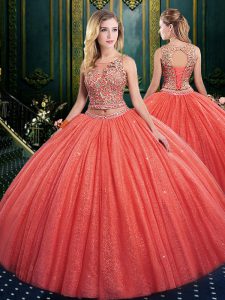 Tulle Square Sleeveless Lace Up Appliques Ball Gown Prom Dress in Coral Red
