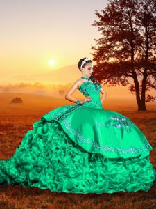 Embroidery and Ruffles Quinceanera Dress Turquoise Lace Up Sleeveless Brush Train