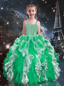 Floor Length Green Little Girls Pageant Dress Organza Sleeveless Beading and Ruffles