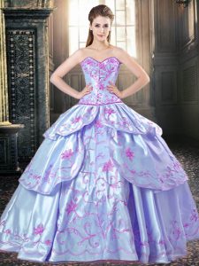 Excellent Lavender Taffeta Lace Up Sweetheart Sleeveless Floor Length Vestidos de Quinceanera Embroidery and Ruffled Lay