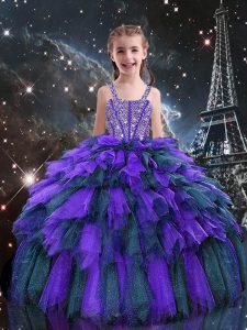 Eggplant Purple Lace Up Straps Beading and Ruffles Pageant Dress for Teens Tulle Sleeveless