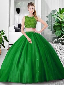 Graceful Green Tulle Zipper Quinceanera Gowns Sleeveless Floor Length Lace and Ruching