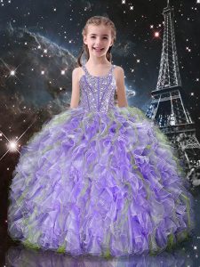 Sleeveless Organza Floor Length Lace Up Little Girls Pageant Dress in Lilac with Beading and Ruffles