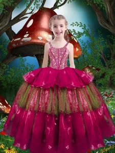 Sleeveless Lace Up Floor Length Beading and Ruffled Layers Pageant Gowns