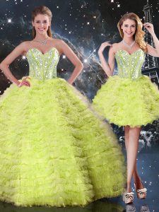 Yellow Green Tulle Lace Up Vestidos de Quinceanera Sleeveless Floor Length Beading and Ruffles