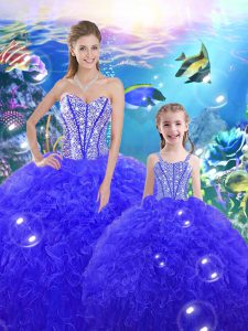 Wonderful Organza Sweetheart Sleeveless Lace Up Beading and Ruffles Quinceanera Dress in Royal Blue