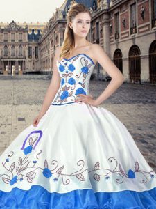 Flare Blue And White Sweetheart Neckline Embroidery and Ruffles Quinceanera Dresses Sleeveless Lace Up