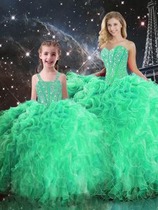 Green Sleeveless Beading and Ruffles Floor Length Quinceanera Gown