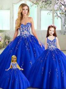 Luxury Blue Sweetheart Lace Up Appliques and Embroidery Sweet 16 Dress Sleeveless
