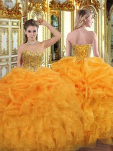 Orange Sleeveless Floor Length Beading and Ruffles Lace Up Quinceanera Dresses
