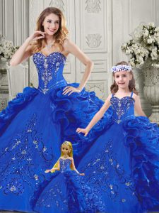 High End Beading and Appliques and Ruffles Quinceanera Dress Blue Lace Up Sleeveless Floor Length