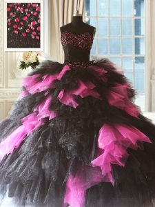 Pink And Black Tulle Lace Up Sweet 16 Dresses Sleeveless Floor Length Beading and Ruffles