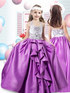 High Quality Taffeta Halter Top Sleeveless Zipper Beading Pageant Dress for Womens in Lilac