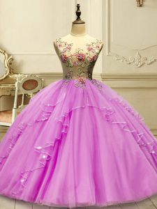 Modest Lilac Ball Gowns Scoop Sleeveless Tulle Floor Length Lace Up Appliques Sweet 16 Quinceanera Dress