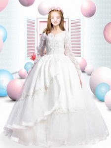 White Long Sleeves Lace and Appliques and Ruffled Layers Lace Up Pageant Gowns For Girls