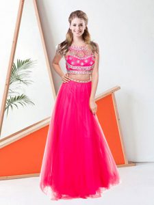 Tulle Scoop Sleeveless Zipper Beading Prom Evening Gown in Hot Pink