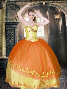 Deluxe Floor Length Orange Quinceanera Dresses Sweetheart Sleeveless Lace Up