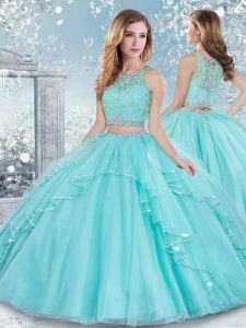 Customized Aqua Blue Sleeveless Floor Length Beading and Lace Clasp Handle Ball Gown Prom Dress