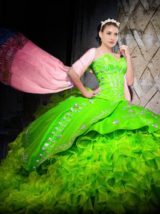 Fitting Embroidery and Ruffles Quinceanera Gowns Lace Up Sleeveless With Brush Train