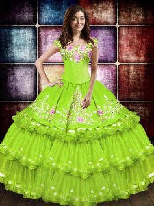 Yellow Green Ball Gowns Embroidery and Ruffled Layers Quinceanera Gowns Lace Up Taffeta Sleeveless Floor Length