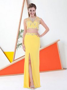 Custom Fit Floor Length Two Pieces Sleeveless Yellow Prom Gown Zipper