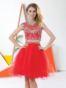 Coral Red Two Pieces Organza Scoop Cap Sleeves Beading Knee Length Zipper Evening Dress