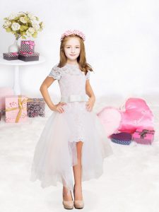 Exceptional Baby Pink Short Sleeves Tulle Zipper Flower Girl Dresses for Less for Party and Wedding Party