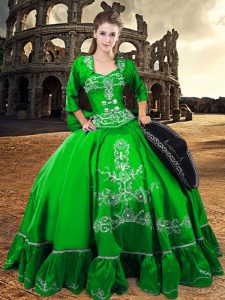 Sweetheart 3 4 Length Sleeve Quinceanera Dress Floor Length Appliques and Ruffles Green Satin
