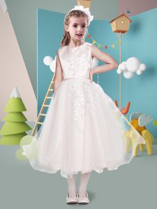 Admirable Sleeveless Organza Tea Length Zipper Flower Girl Dresses in Champagne with Appliques