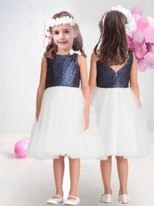 Ideal Knee Length Blue And White Toddler Flower Girl Dress Tulle Sleeveless Lace