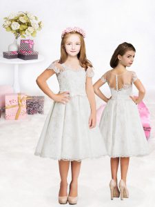 Fantastic Scoop Short Sleeves Clasp Handle Toddler Flower Girl Dress White Lace