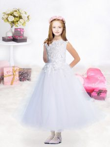 Organza Sleeveless Tea Length Flower Girl Dresses and Appliques and Hand Made Flower