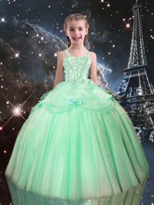 Cheap Apple Green Ball Gowns Tulle Straps Sleeveless Beading Floor Length Lace Up Little Girls Pageant Gowns