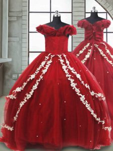 Wine Red Sleeveless Appliques Lace Up Winning Pageant Gowns