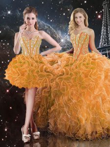 Suitable Orange Sweetheart Neckline Beading and Ruffles 15th Birthday Dress Sleeveless Lace Up