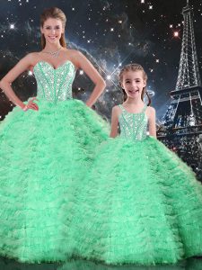 Clearance Turquoise Sleeveless Tulle Lace Up Sweet 16 Dress for Military Ball and Sweet 16 and Quinceanera